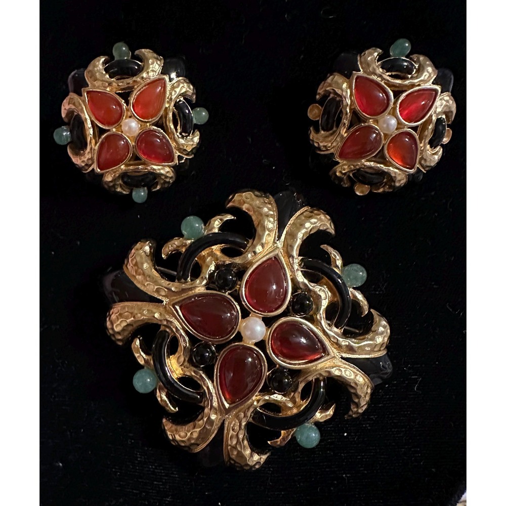 Vintage Alfred Sung Pin & Earrings Set Maltese Cross Gold Black Green and Amber